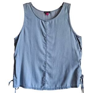 VINCE CAMUTO Women M Jean Top Chambray Blue Sleeveless Side Lace Up 100% Tencel